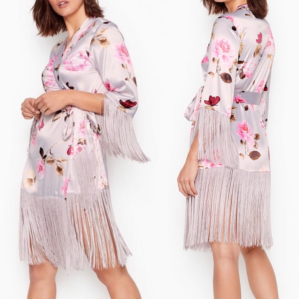 Victoria’s Secret Floral Satin Fringe Trim Robe Sz XS/ S